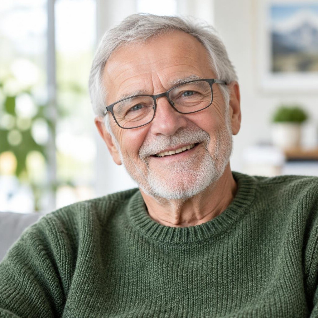 Portrait of a cheerful senior man with glasses and a gray beard