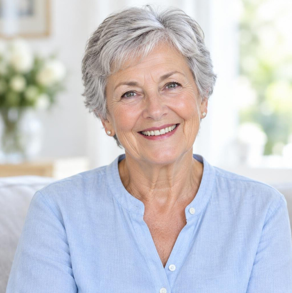 Portrait of a smiling senior woman with short gray hair