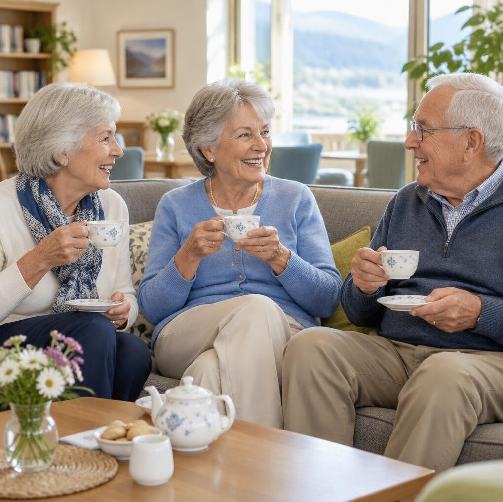 Senior women enjoying tea and conversation in a cozy clubhouse