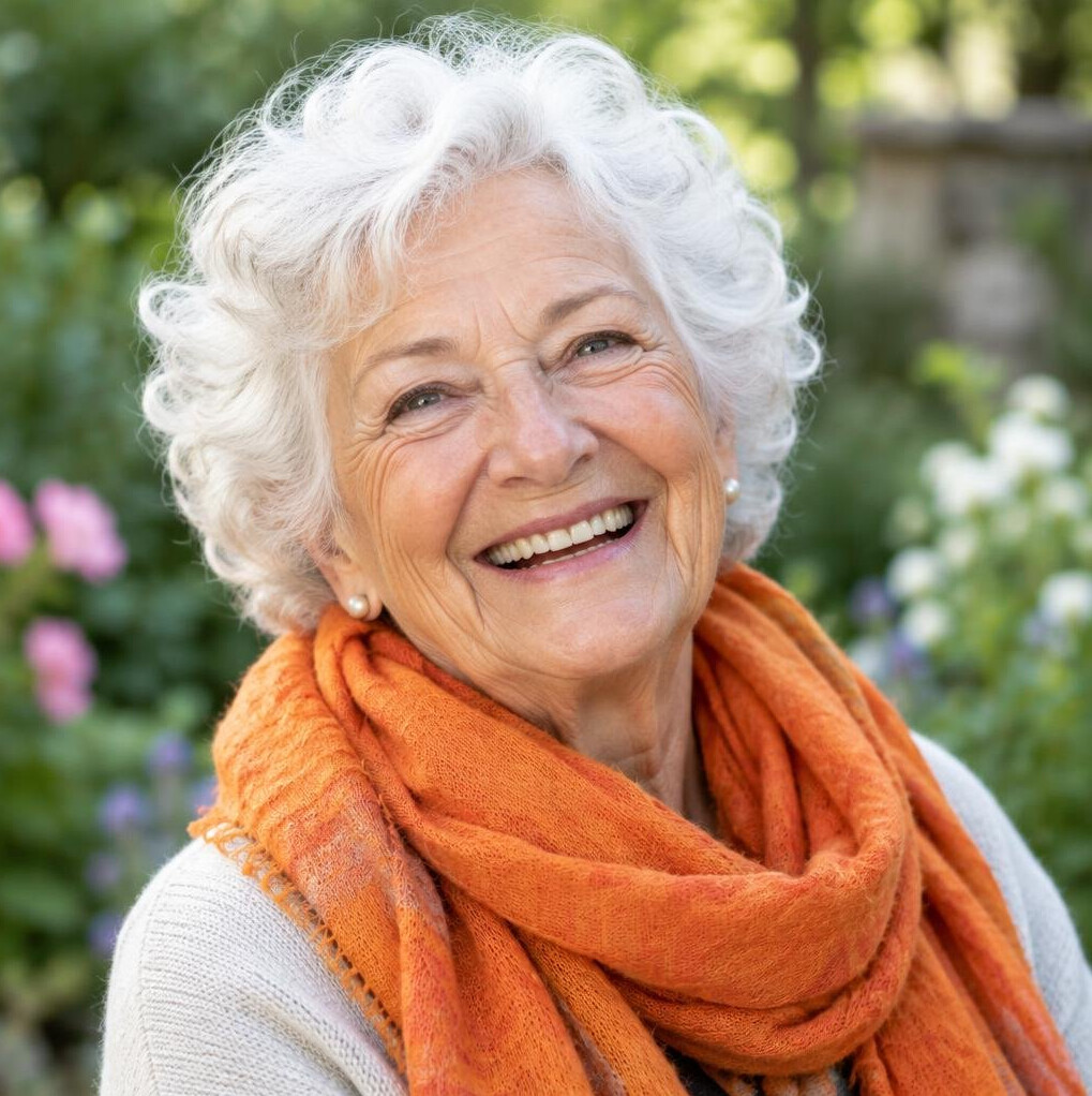 Portrait of a joyful senior woman with white curly hair